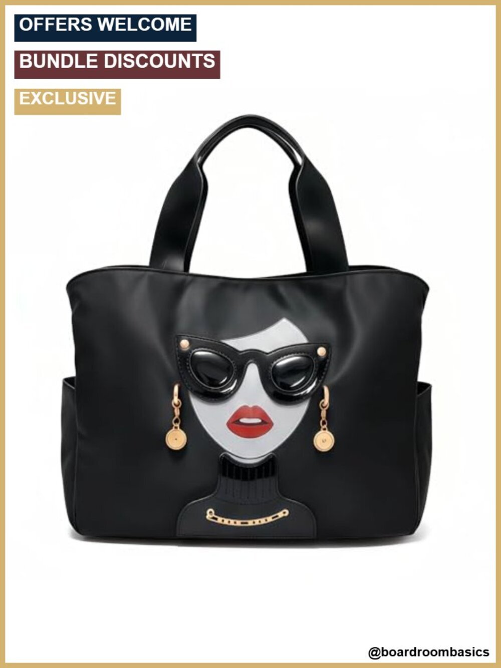 Novelty Nylon Tote Bag Crossbody Handbag with Lady Face Applique